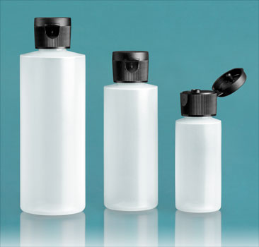 Plastic Bottles, Natural LDPE Cylinder Bottles With Black Ribbed Snap Caps