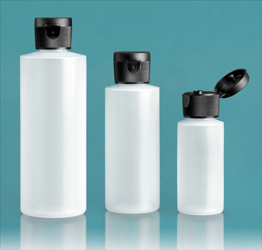 LDPE Plastic Bottles, Natural Cylinder Bottles w/ Black Ribbed Snap Caps