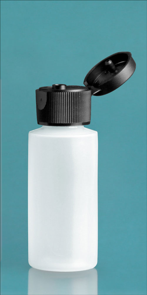 LDPE Plastic Bottles, Natural Cylinder Bottles w/ Black Ribbed Snap Caps