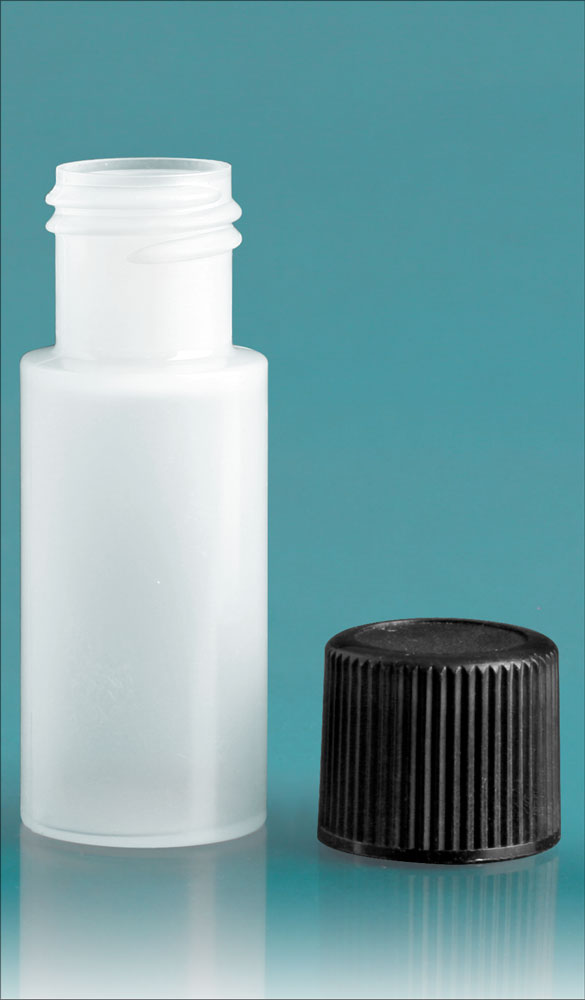 2 dram w/ Black Cap Natural LDPE Cylinders Bottles w/ Black Screw Caps
