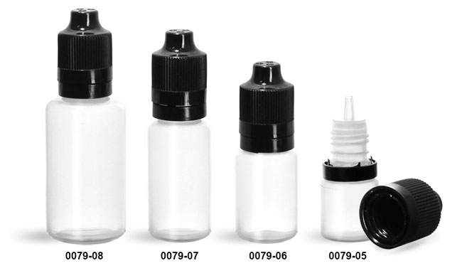 Plastic Bottles, Natural LDPE Dropper Bottles w/ Dropper Inserts & Black Tamper Evident Child Resistant Caps