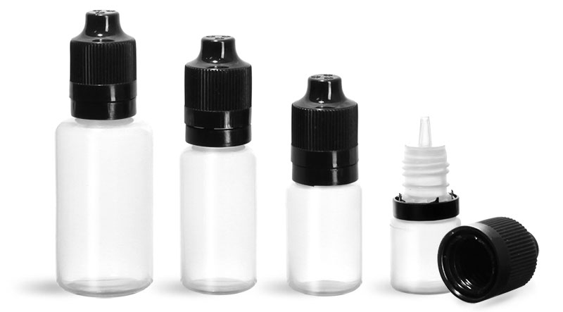 LDPE Plastic Bottles, Natural Dropper Bottles w/ Dropper Inserts & Black Tamper Evident Child Resistant Caps