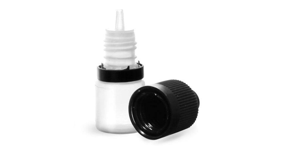 5 ml Plastic Bottles, LDPE Dropper Bottles w/ Dropper Inserts & Black Tamper Evident Child Resistant Caps