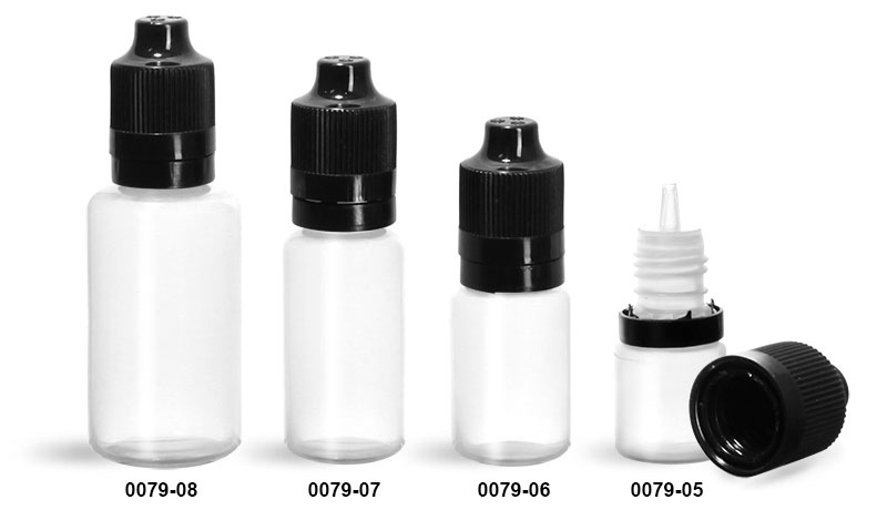 Plastic Bottles, Natural LDPE Dropper Bottles w/ Dropper Inserts & Black Tamper Evident Child Resistant Caps