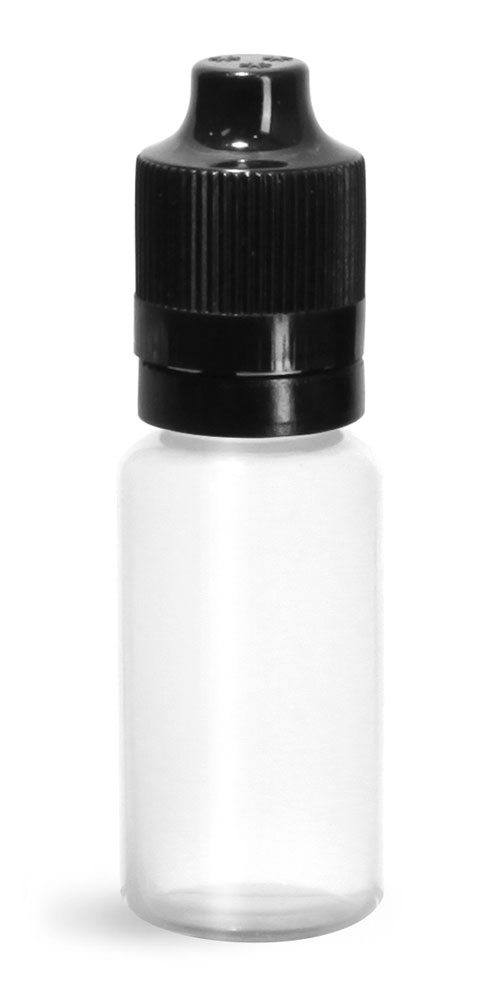 15 ml Plastic Bottles, LDPE Dropper Bottles w/ Dropper Inserts & Black Tamper Evident Child Resistant Caps