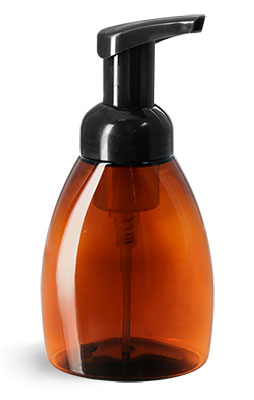 Plastic Bottles, Amber PET Bottles w/ Black Foamer Pumps