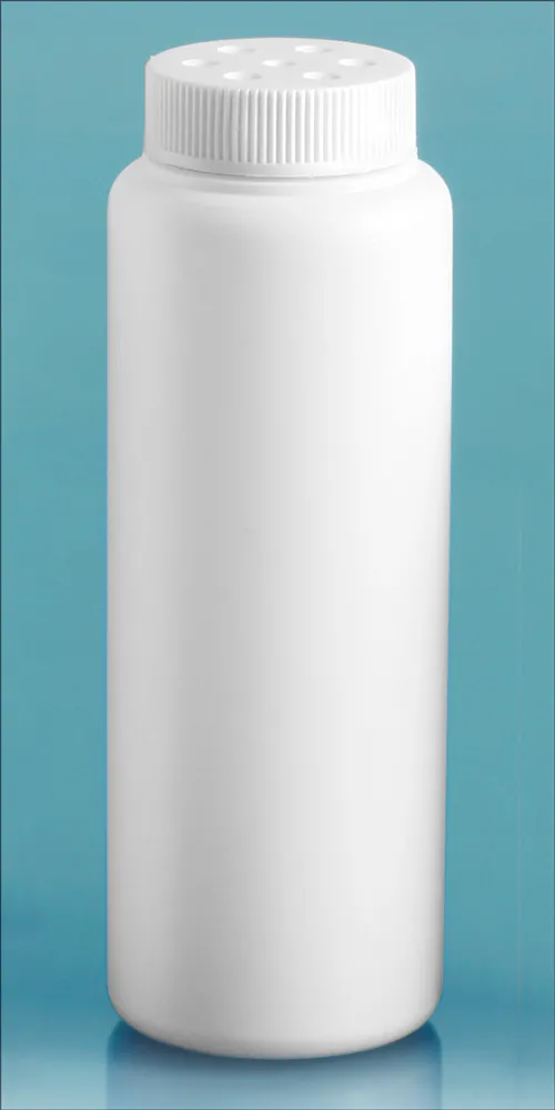4 oz   White HDPE Powder Style Bottles w/ White Twist Top Sifter Caps