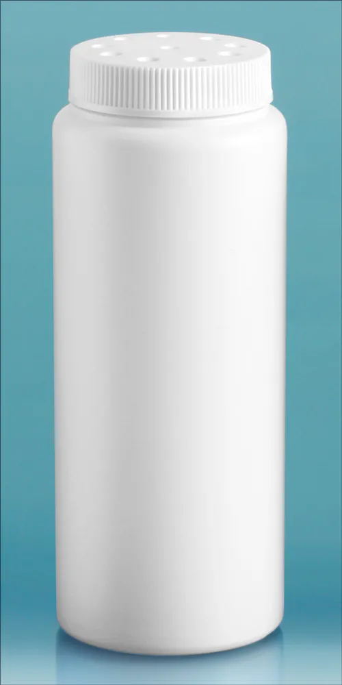 6 oz  White HDPE Powder Style Bottles w/ White Twist Top Sifter Caps