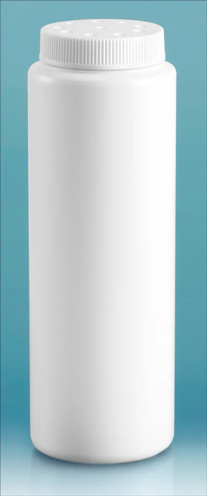 8 oz   White HDPE Powder Style Bottles w/ White Twist Top Sifter Caps