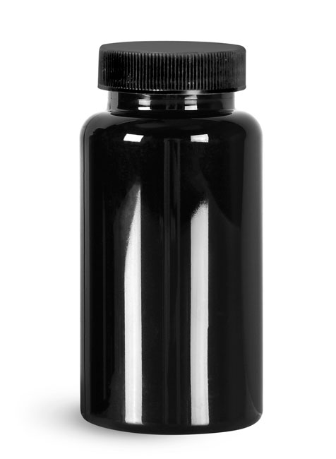 Plastic Bottles, Black PET Wide Mouth Packer Bottles w/ Black Ribbed PE Lined Caps