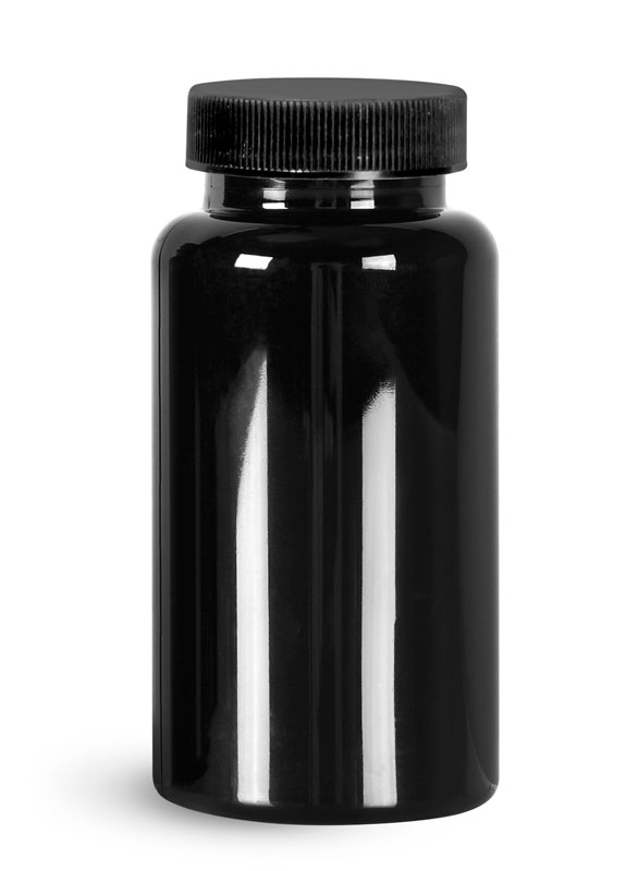 PET Plastic Bottles, Black Wide Mouth Packer Bottles w/ Black Ribbed PE Lined Caps
