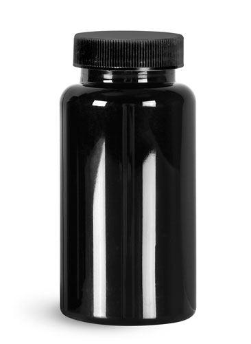 Plastic Bottles, Black PET Wide Mouth Packer Bottles w/ Black Ribbed PE Lined Caps