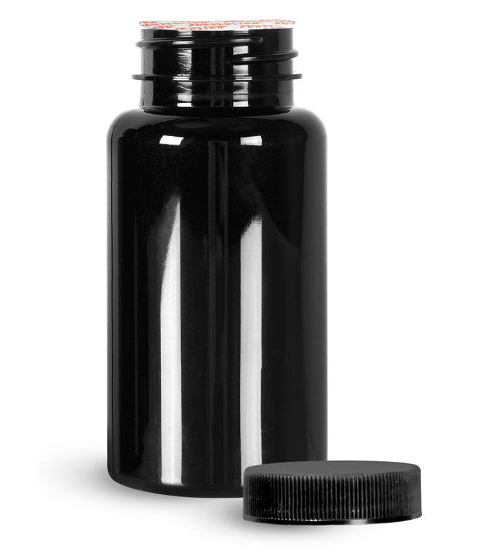 PET Plastic Bottles, Black Wide Mouth Packer Bottles w/ Black Ribbed Induction Lined Caps