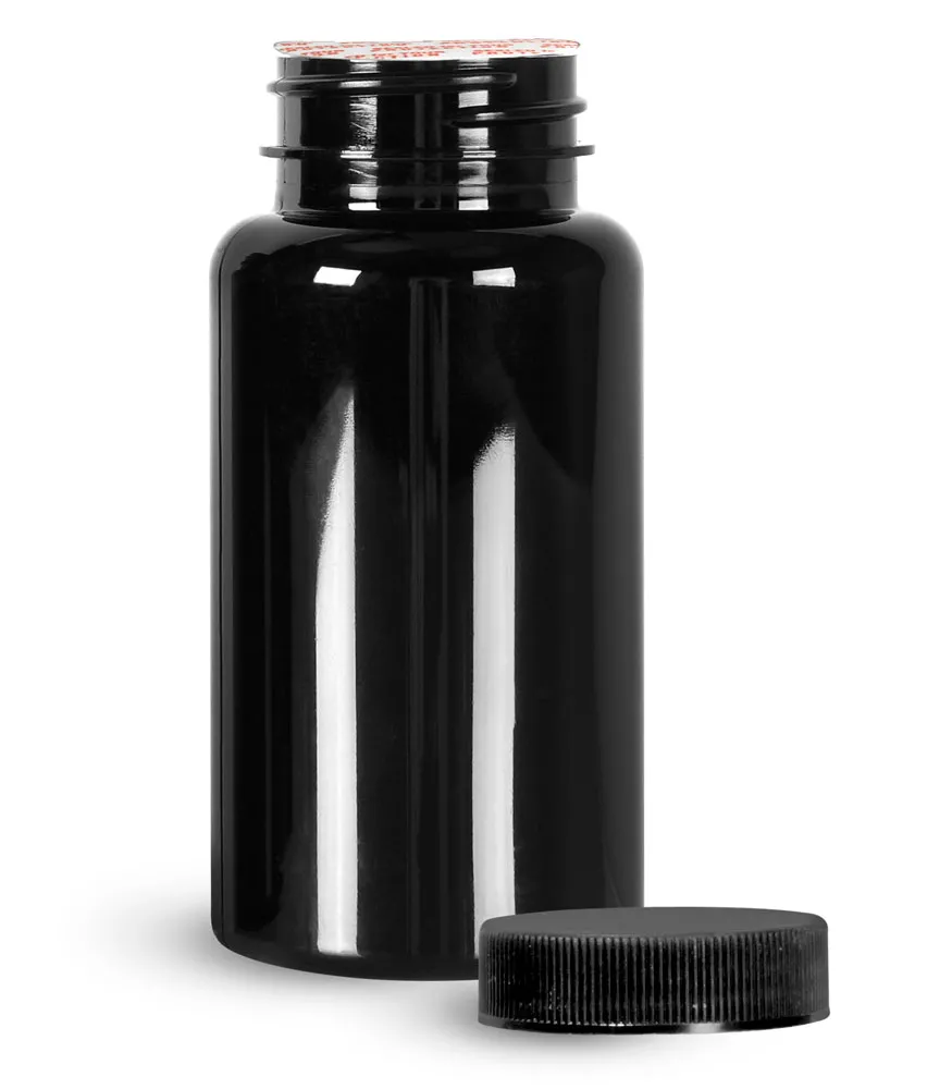150 cc Plastic Bottles, Black PET Wide Mouth Packer Bottles w/ Black Ribbed Induction Lined Caps