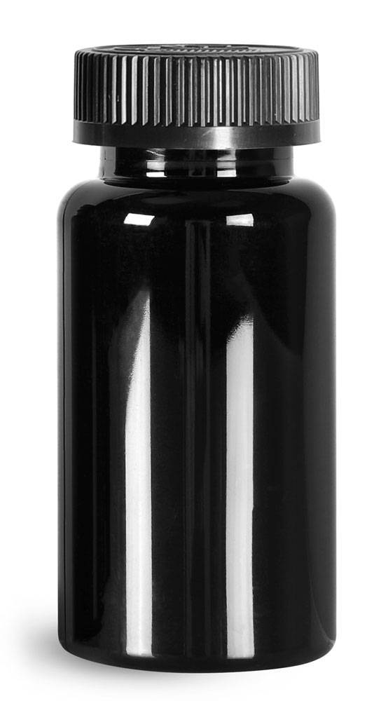 150 cc Plastic Bottles, Black PET Wide Mouth Packer Bottles w/ Black Child Resistant Caps