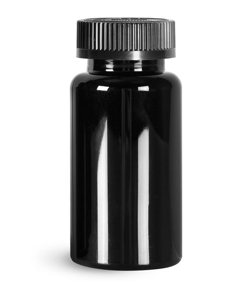 Plastic Bottles, Black PET Wide Mouth Packer Bottles w/ Black Child Resistant Caps
