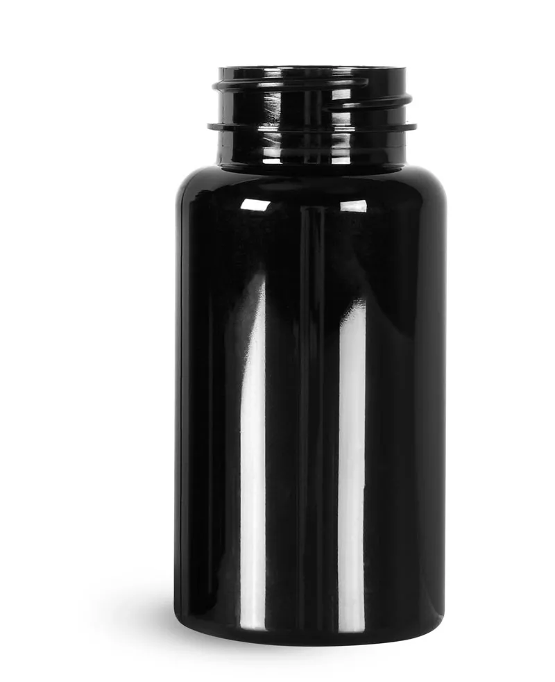 PET Plastic Bottles, 150 cc Black Wide Mouth Packer Bottles, (Bulk) Caps Not Included 