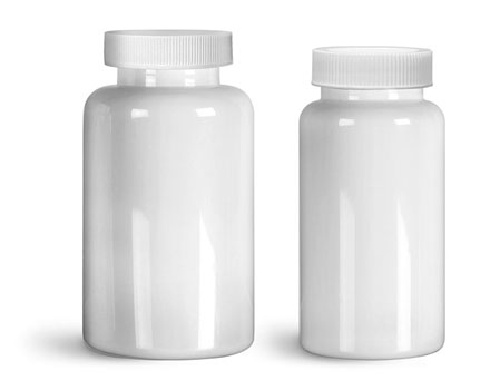 Plastic Bottles, White PET Wide Mouth Packer Bottles w/ White Ribbed PE Lined Caps