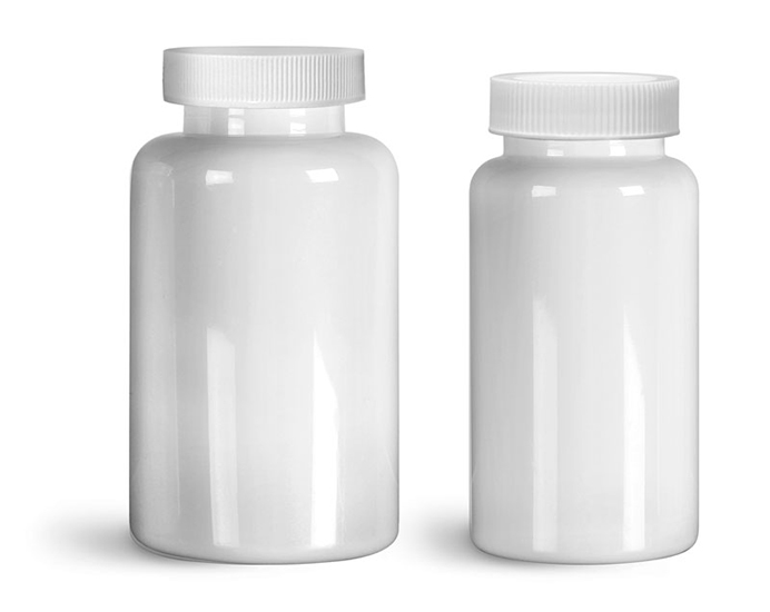PET Plastic Bottles, White Wide Mouth Packer Bottles w/ White Ribbed PE Lined Caps