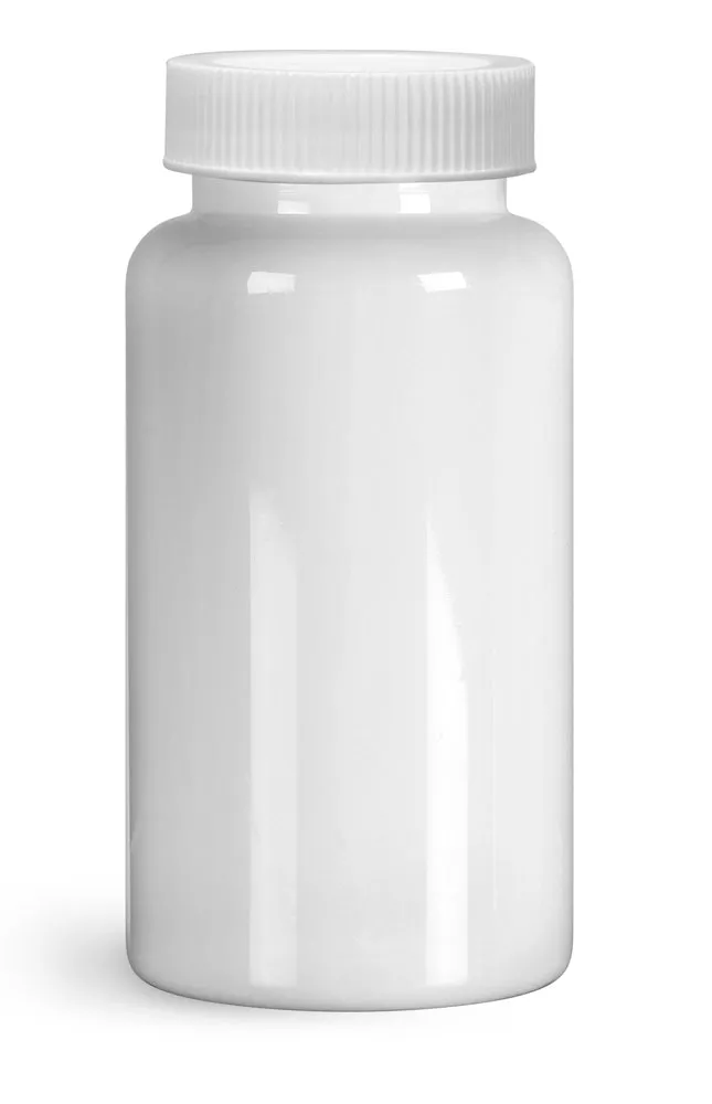 150 cc Plastic Bottles, White PET Wide Mouth Packer Bottles w/ White Ribbed PE Lined Caps