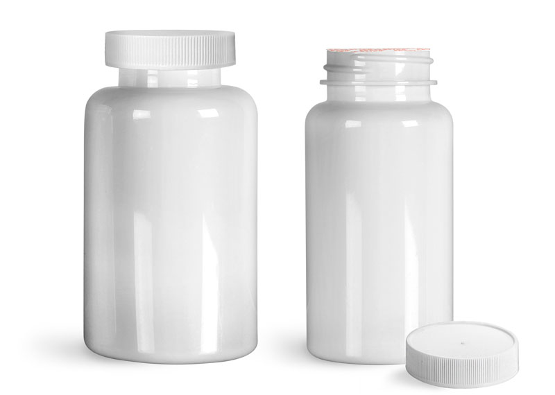PET Plastic Bottles, White Wide Mouth Packer Bottles w/ White Ribbed Induction Lined Caps