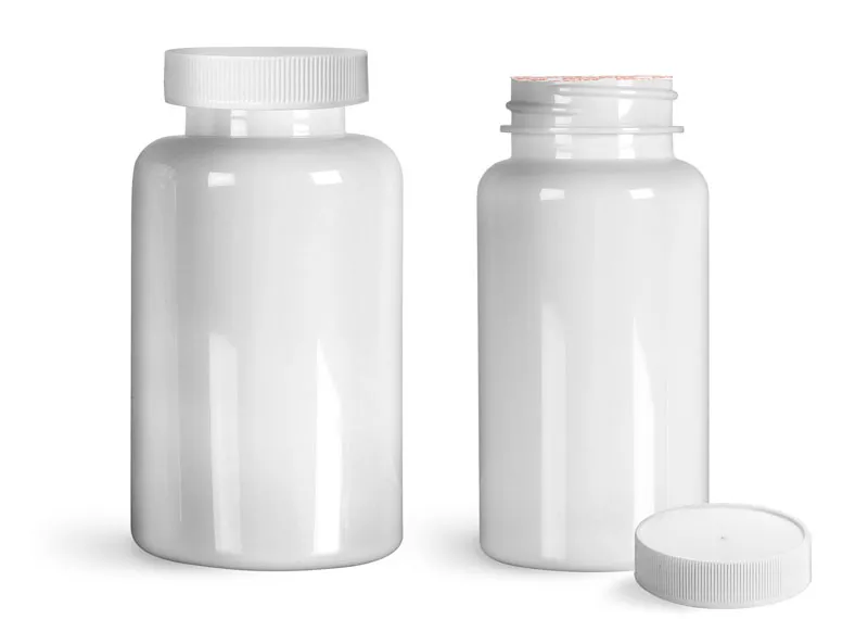 PET  White Wide Mouth Packer Bottles w/ White Ribbed Induction Lined Caps