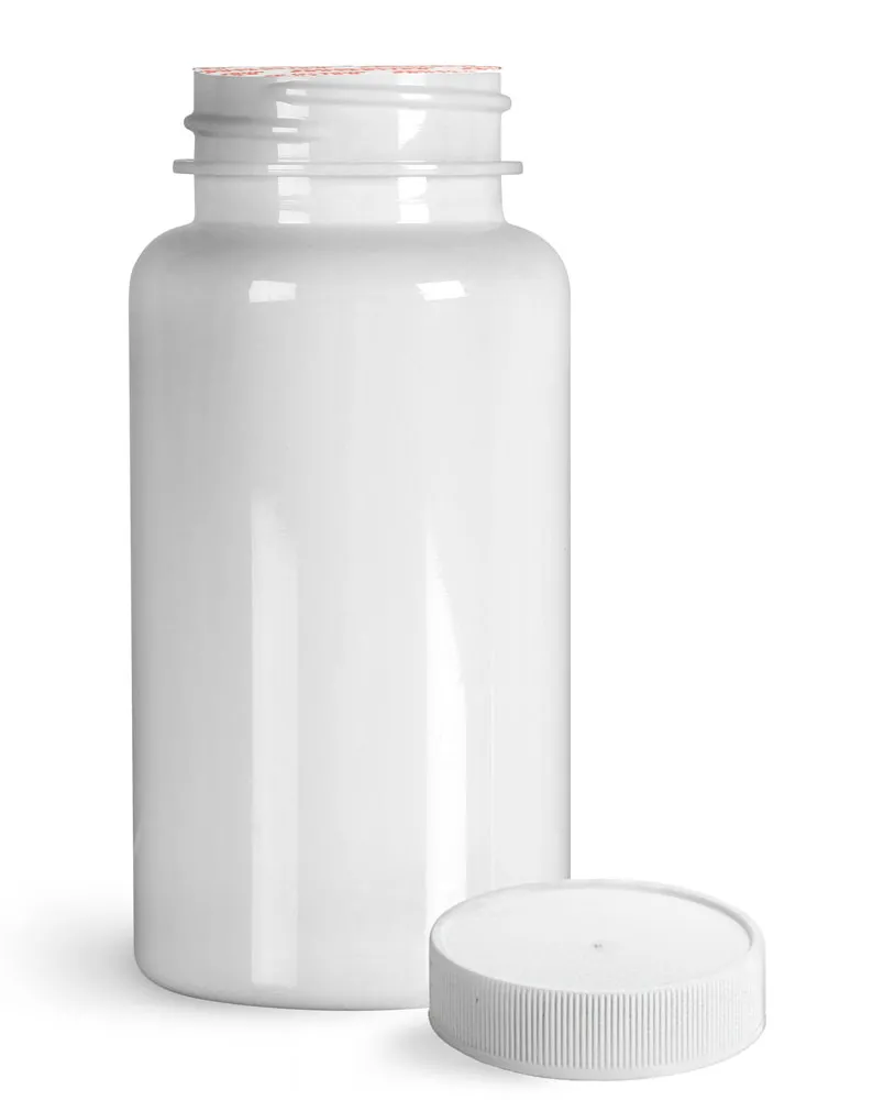 150 cc Plastic Bottles, White PET Wide Mouth Packer Bottles w/ White Ribbed Induction Lined Caps