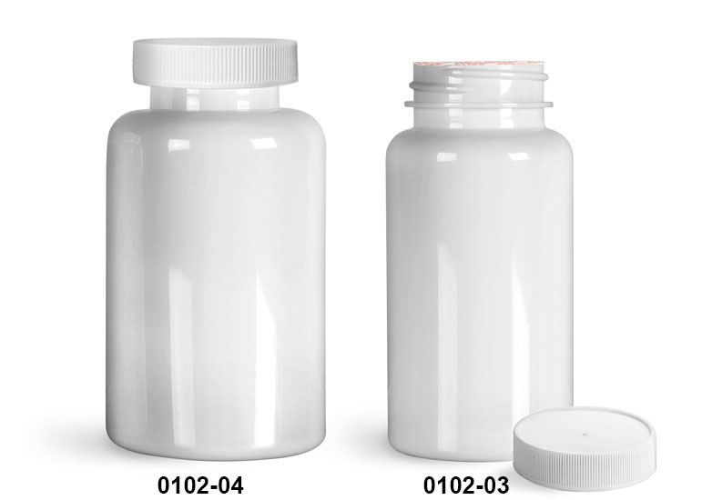 Plastic Bottles, White PET Wide Mouth Packer Bottles w/ White Ribbed Induction Lined Caps