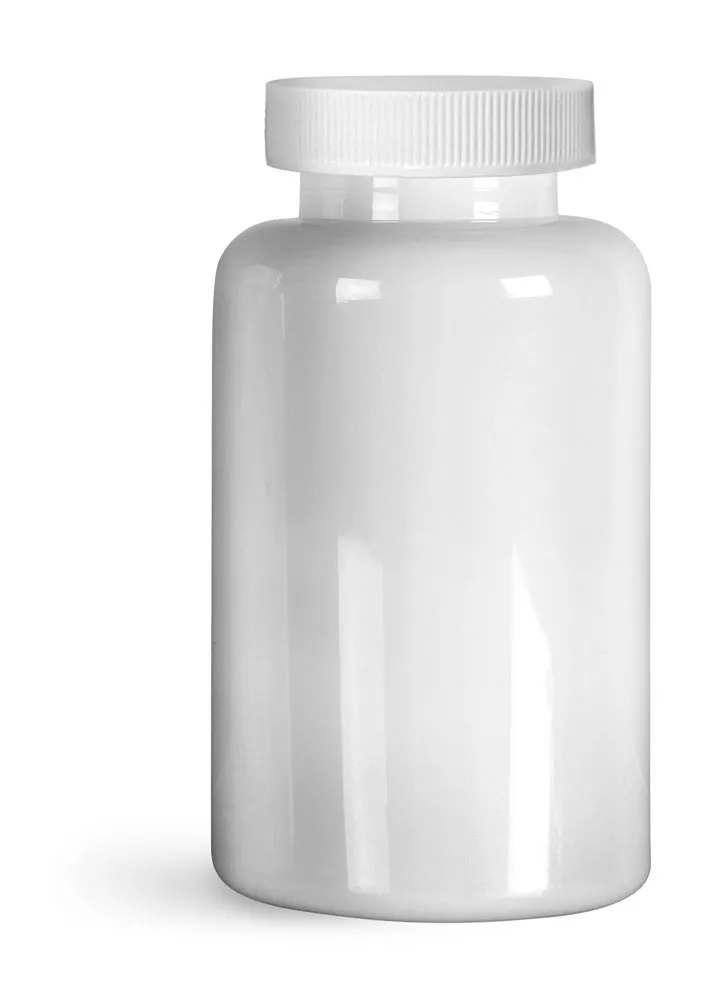 200 cc Plastic Bottles, White PET Wide Mouth Packer Bottles w/ White Ribbed Induction Lined Caps