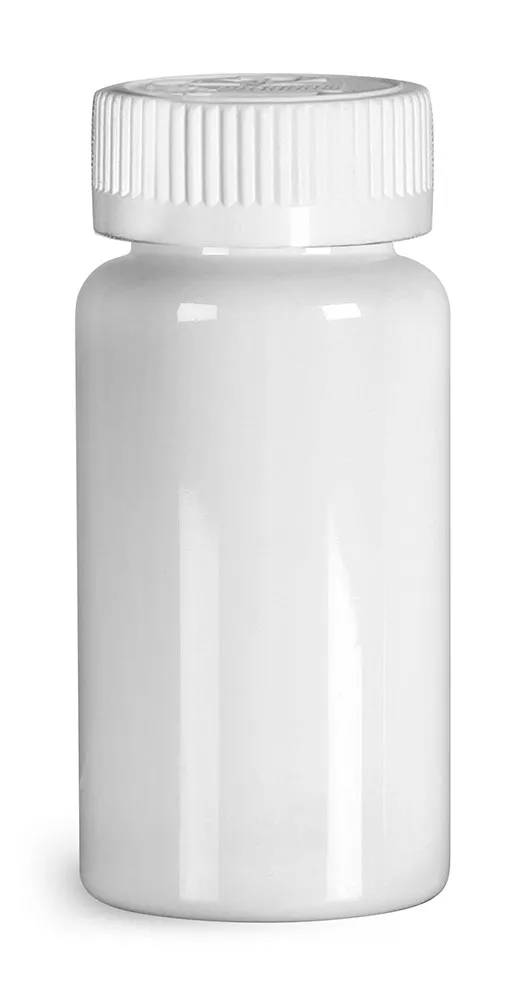 150 cc Plastic Bottles, White PET Wide Mouth Packer Bottles w/ White Child Resistant Caps