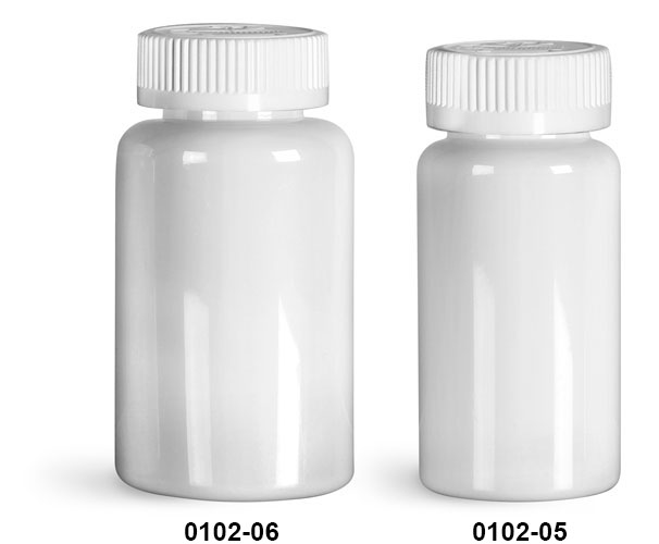 Plastic Bottles, White PET Wide Mouth Packer Bottles w/ White Child Resistant Caps