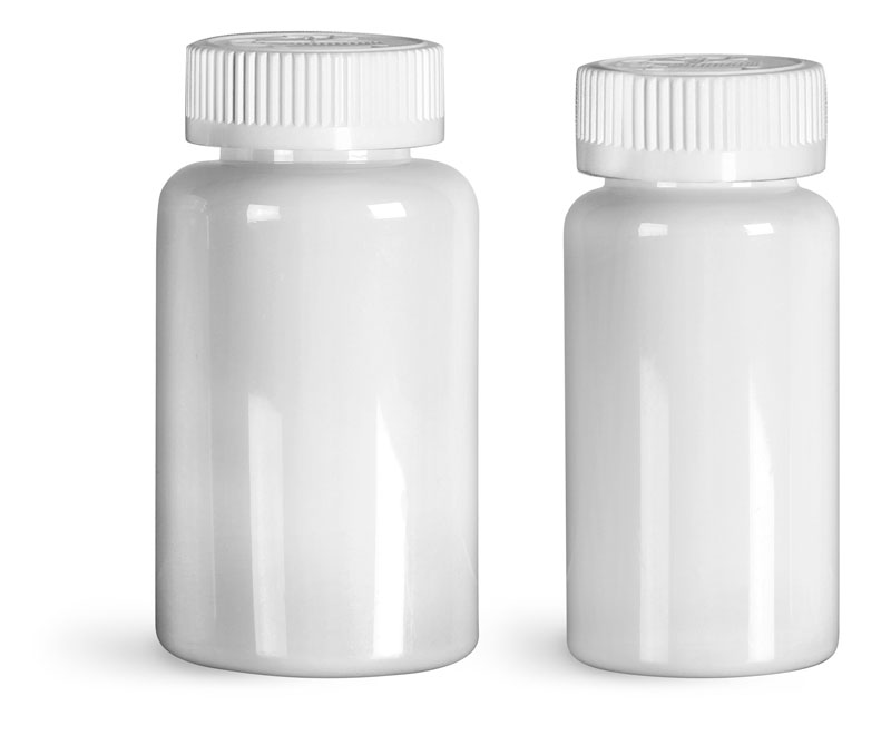 PET Plastic Bottles, White Wide Mouth Packer Bottles w/ White Child Resistant Caps