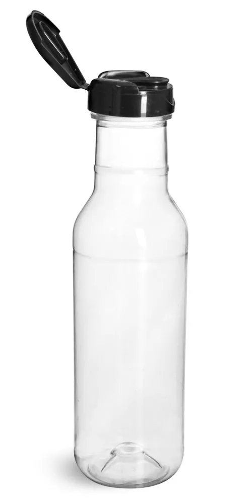 12 oz Plastic Bottles, Clear PET Barbecue Sauce Bottle w/ Black Polypro Induction Lined Snap Top Cap