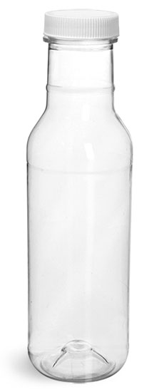 Plastic Bottles, Clear PET Barbecue Sauce Bottles w/ White Ribbed Lined Caps