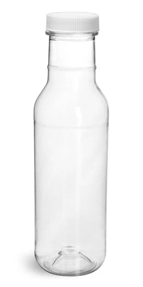 12 oz Clear PET Barbecue Sauce Bottles w/ White Ribbed Lined Caps