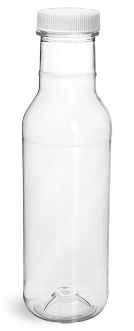Plastic Bottles, Clear PET Barbecue Sauce Bottles w/ White Ribbed Lined Caps