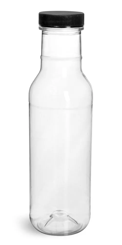 12 oz Plastic Bottles, Clear PET Ring Neck Sauce Bottles w/ Black Ribbed Lined Caps