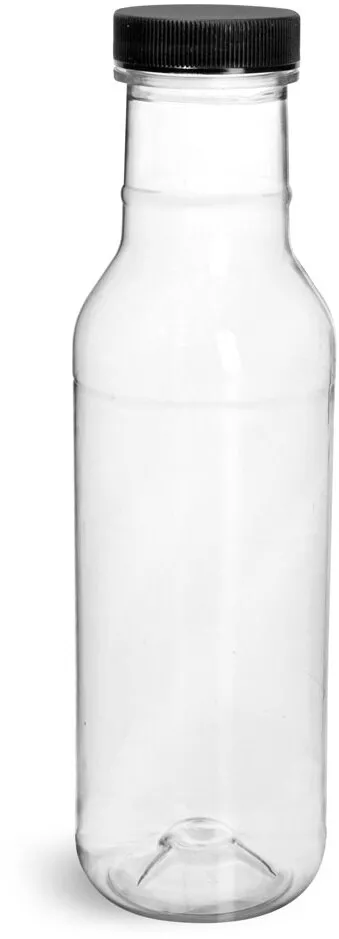 12 oz Clear PET Ring Neck Sauce Bottles w/ Black Ribbed Lined Caps