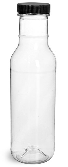 Plastic Bottles, Clear PET Barbecue Sauce Bottles w/ Black Ribbed Lined Caps