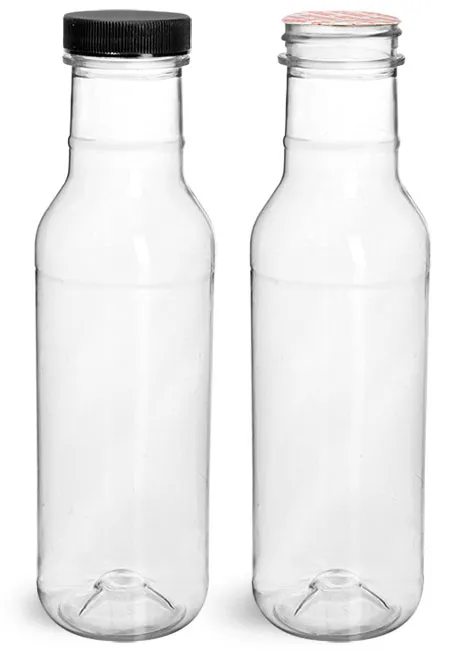 PET Plastic Bottles, Clear Barbecue Sauce Bottles w/ Black Ribbed Induction Lined Caps