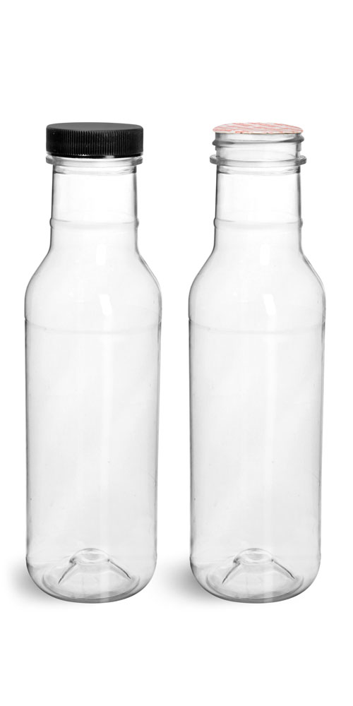 12 oz Clear PET Barbecue Sauce Bottles w/ Black Ribbed Induction Lined Caps