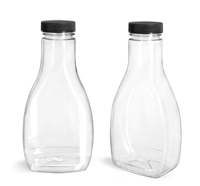 Plastic Bottles, Clear PET Oblong Sauce Bottles With Black Ribbed Lined Caps