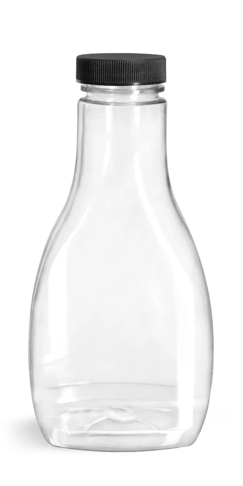 16 oz  Plastic Bottles, Clear PET Oblong Sauce Bottles with Black Ribbed Lined Caps