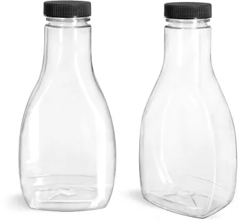 PET Clear Oblong Sauce Bottles w/ Black Ribbed Lined Caps
