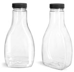 Plastic Bottles, Clear PET Oblong Sauce Bottles with Black Ribbed Lined Caps