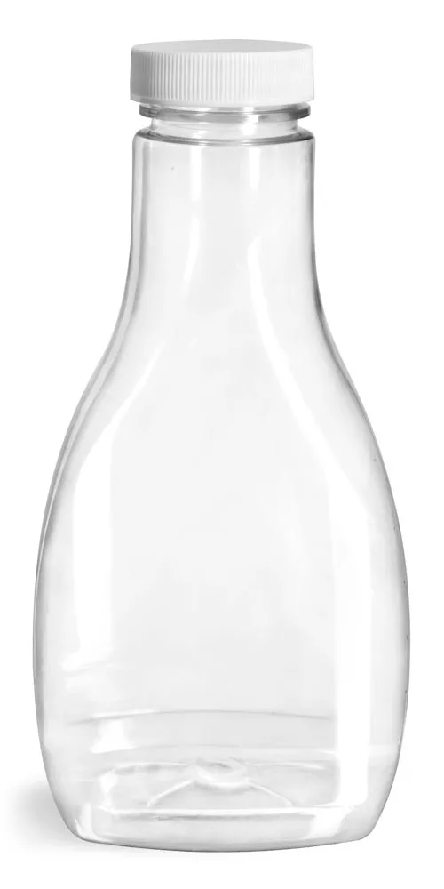 16 oz Plastic Bottles, Clear PET Oblong Sauce Bottle With White Ribbed Lined Caps