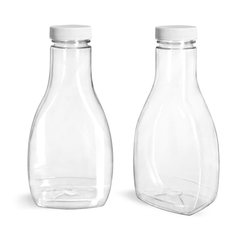 Plastic Bottles, Clear PET Oblong Sauce Bottle With White Ribbed Lined Caps