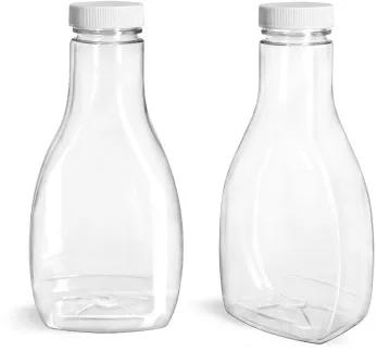 PET Clear Oblong Sauce Bottle w/ White Ribbed Lined Caps