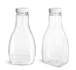 Plastic Bottles, Clear PET Oblong Sauce Bottle with White Ribbed Lined Caps