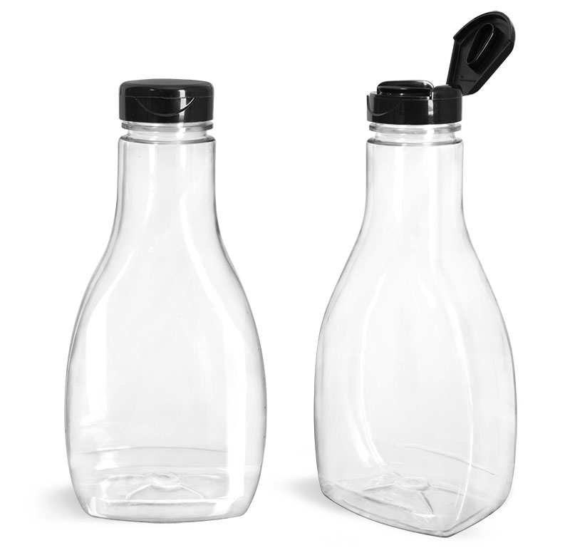 Plastic Bottles, Clear PET Oblong Sauce Bottles with Smooth Black Induction Lined Snap-Top Caps